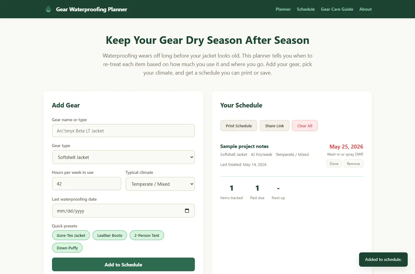 Screenshot of Outdoor Gear Waterproofing Schedule interface showing the project page in use